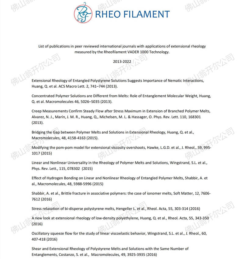 使用拉伸流变仪VADER 1000发表的国际期刊论文文章（部分）