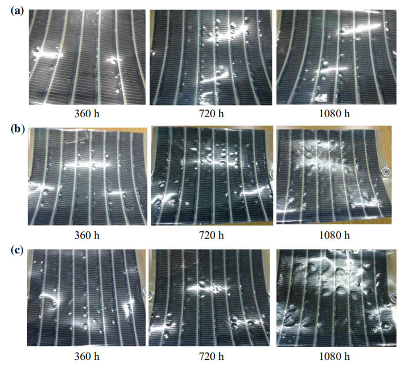 随着在QUV紫外老化试验箱中进行老化测试时间的推移,OSCs产生气泡状和颜色发生变化