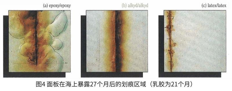 图4面板在海上暴露27个月后的划痕区域(乳胶为21个月)