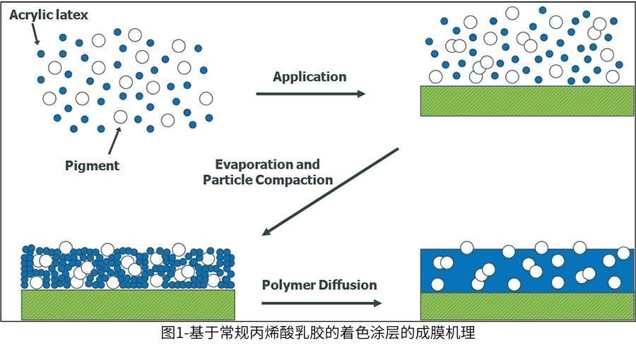 图1-基于常规丙烯酸乳胶的着色涂层的成膜机理