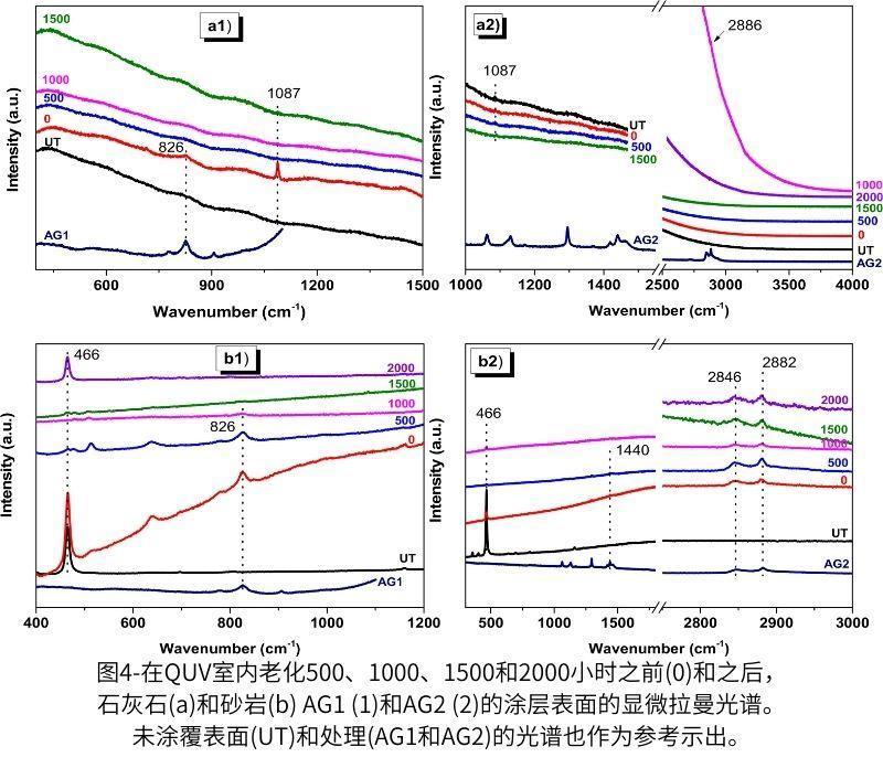 图4-在QUV紫外加速老化测试箱老化500、1000、1500和2000小时之前(0)和之后,石灰石(a)和砂岩(b) AG1 (1)和AG2 (2)的涂层表面的显微拉曼光谱。未涂覆表面(UT)和处理(AG1和AG2)的光谱也作为参考示出。